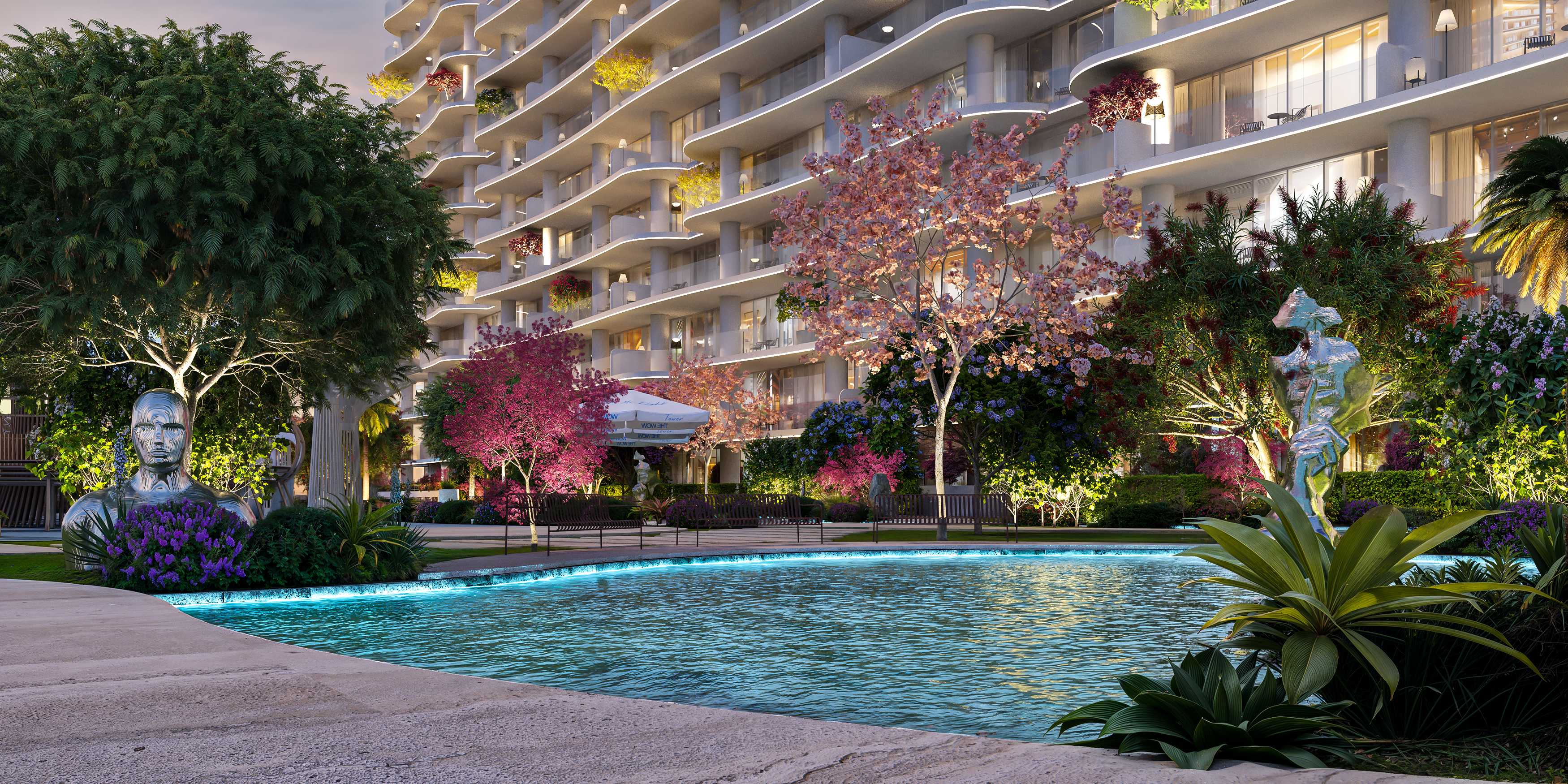 Curved turquoise pool with sunbeds and cabanas below the tower's wave-shaped balconies