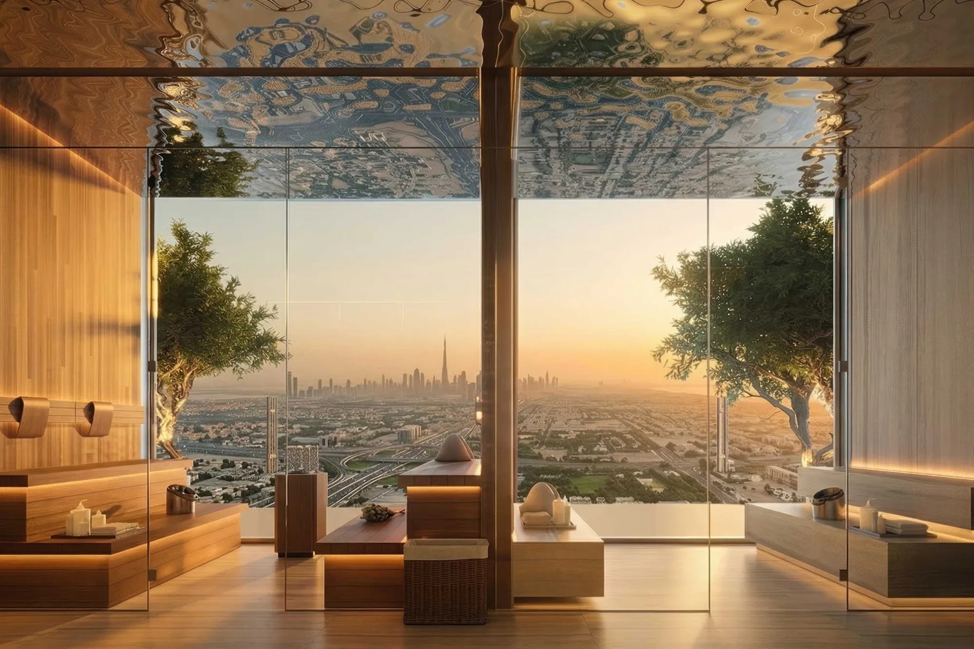 Wooden sauna with glass wall overlooking the Dubai skyline at sunset