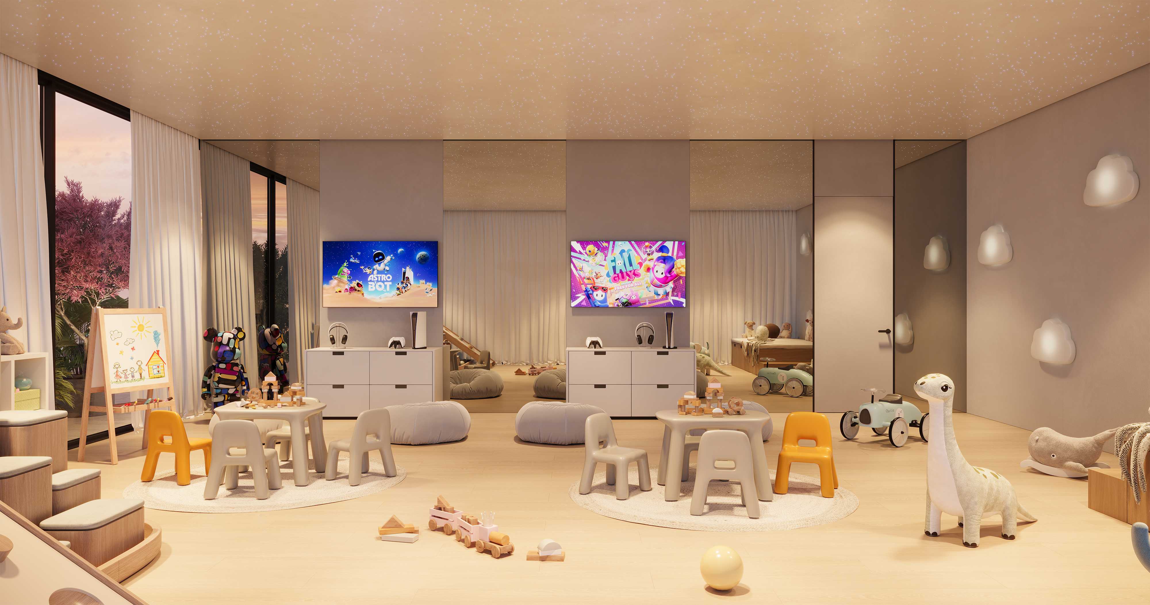 Children's playroom with small tables, games consoles and toy cars