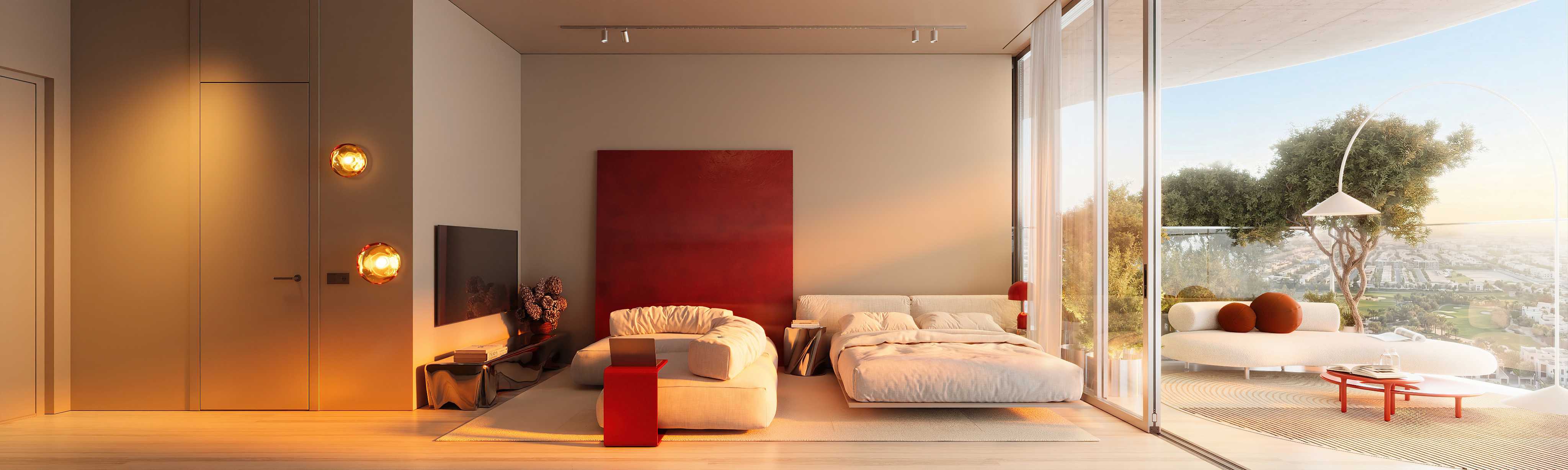 Suite with bed and sofa opening through sliding glass to a planted balcony