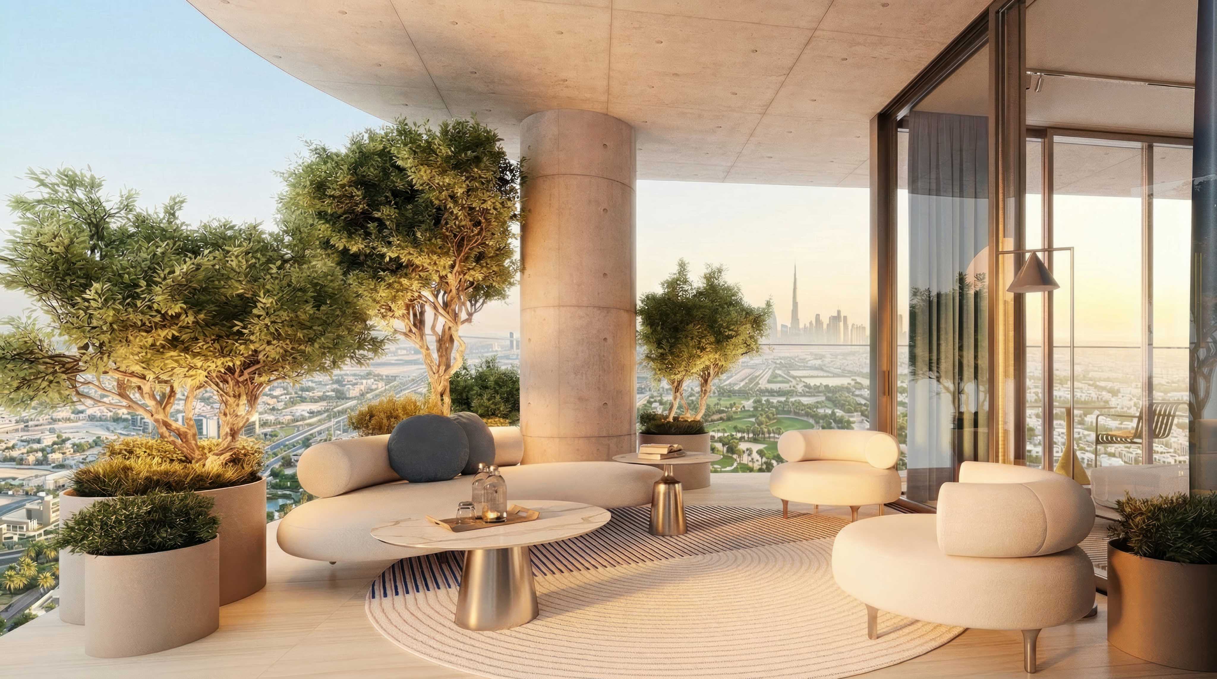 Corner balcony lounge with olive trees and distant Burj Khalifa