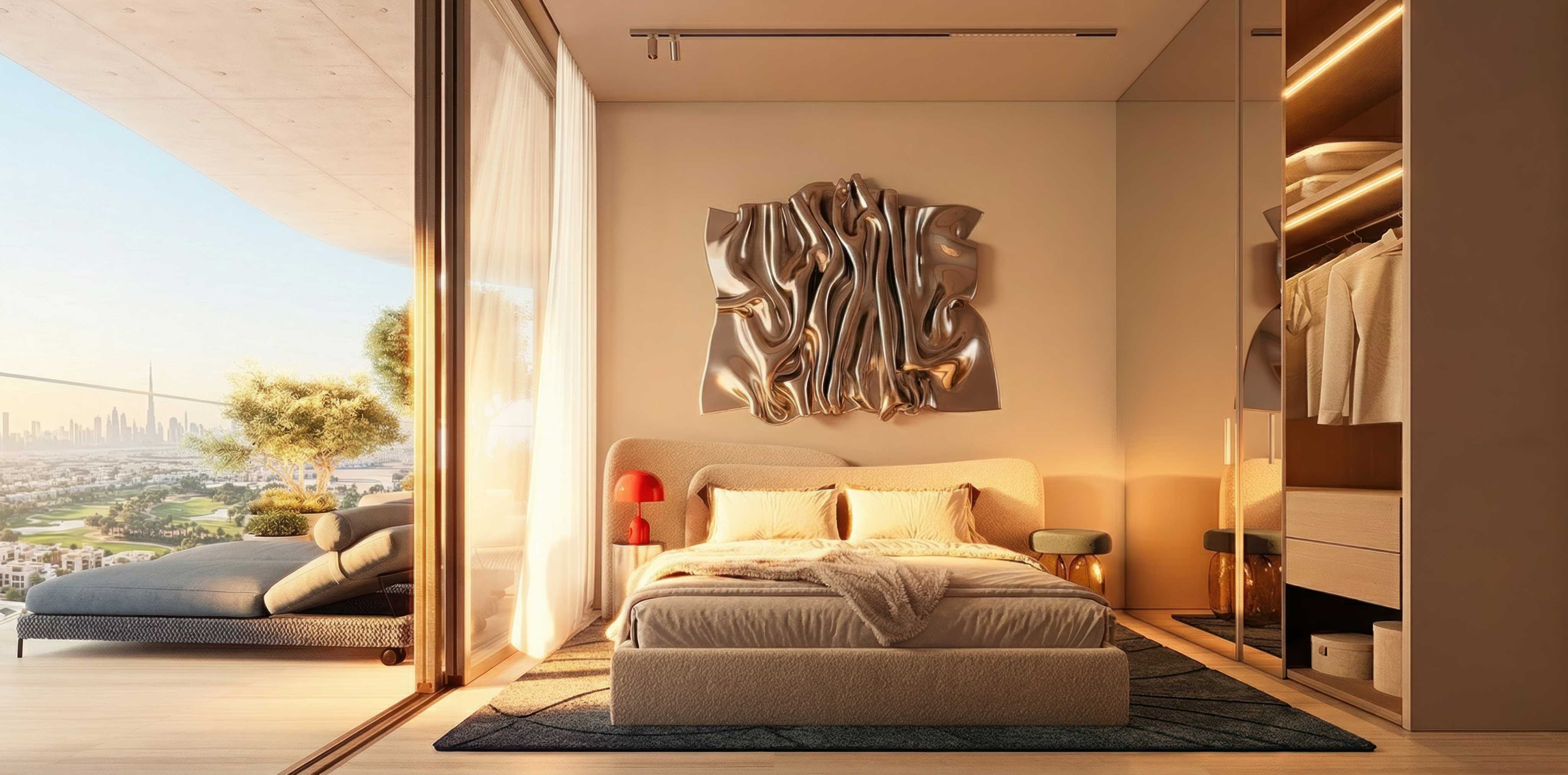 Two bedrooms with full-height glass looking towards golf course and skyline