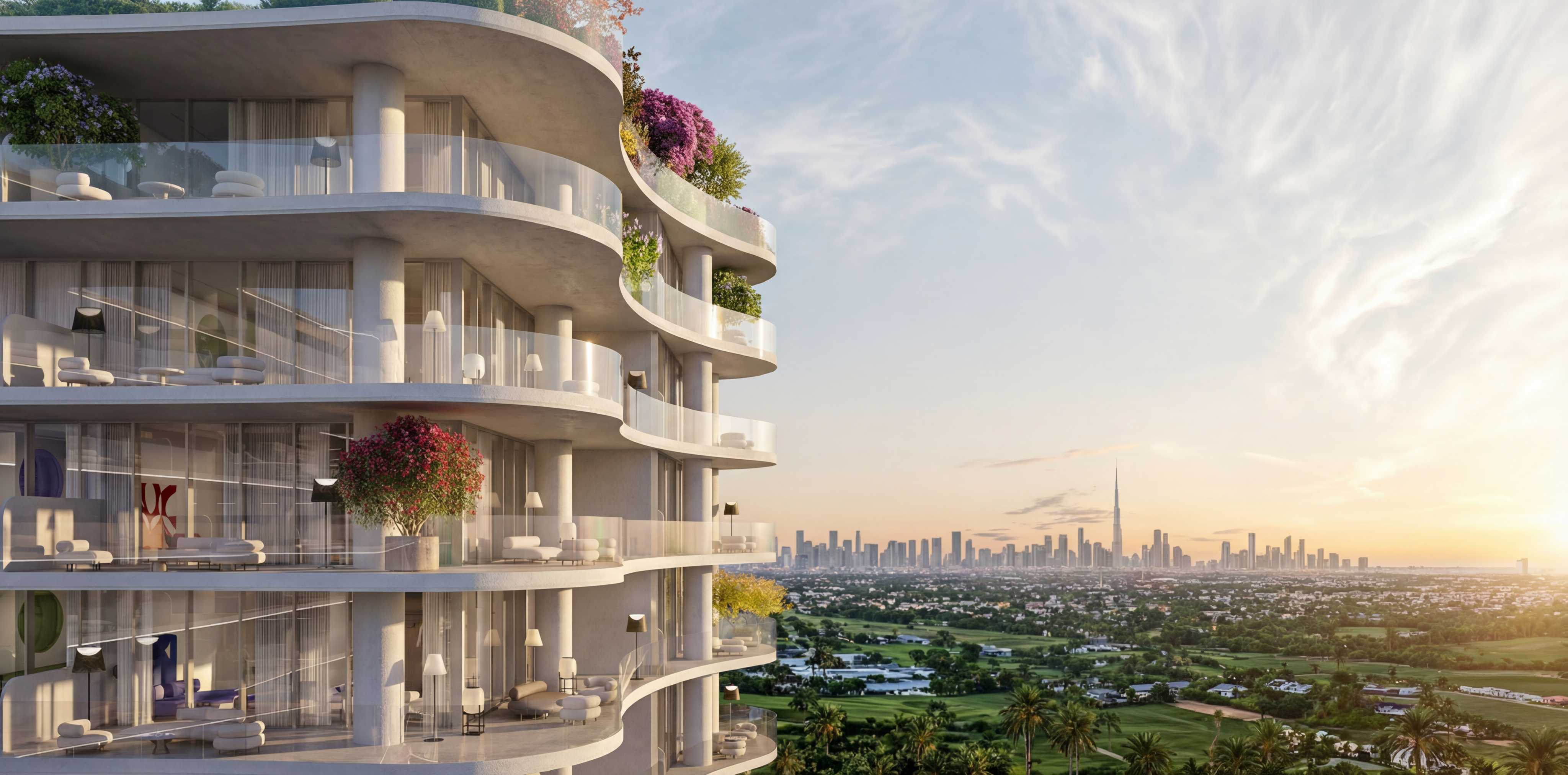 Curving balconies with flowers at sunset, Burj Khalifa on the horizon