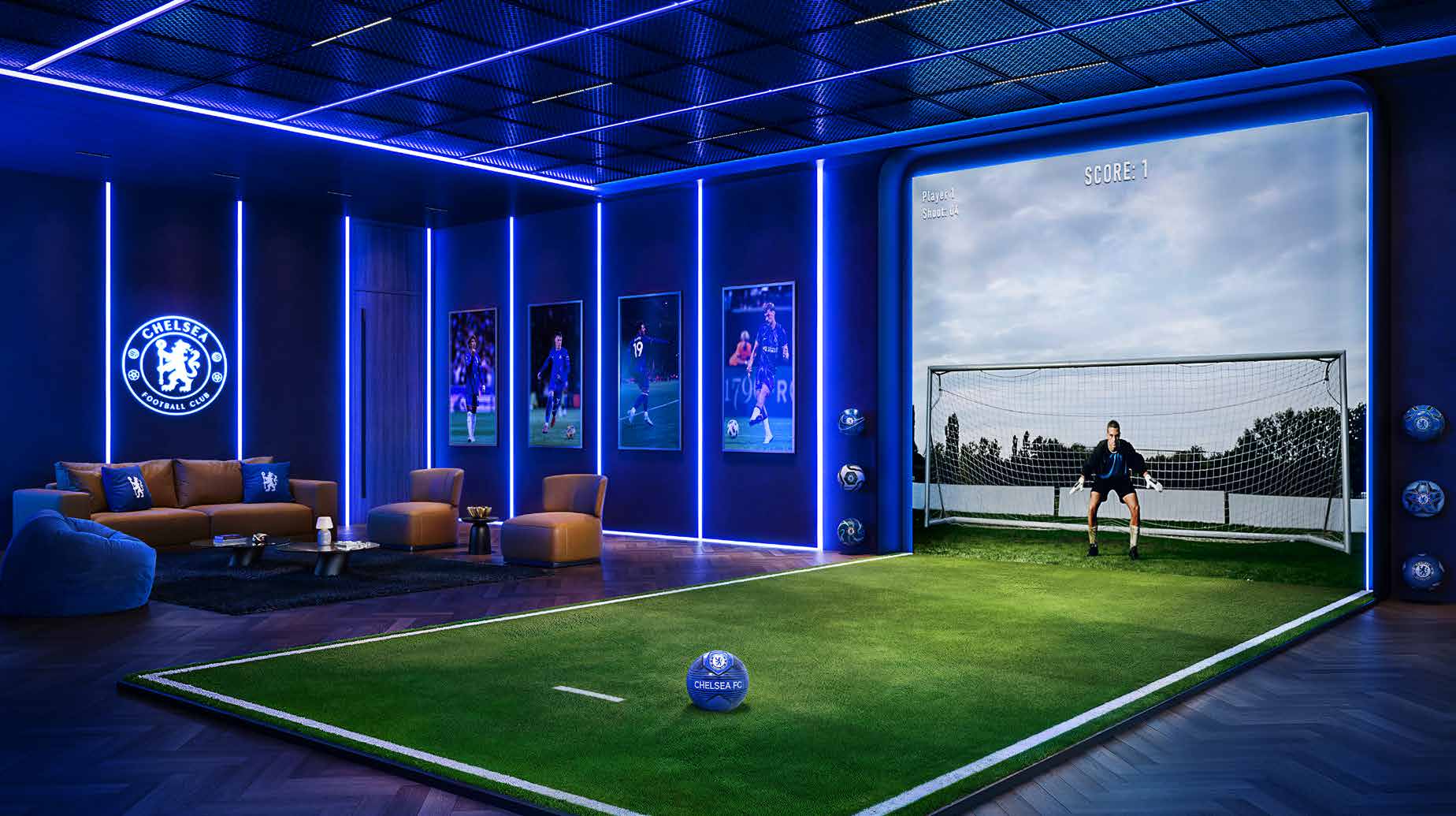 Blue-lit room with turf, goal screen and lounge seating