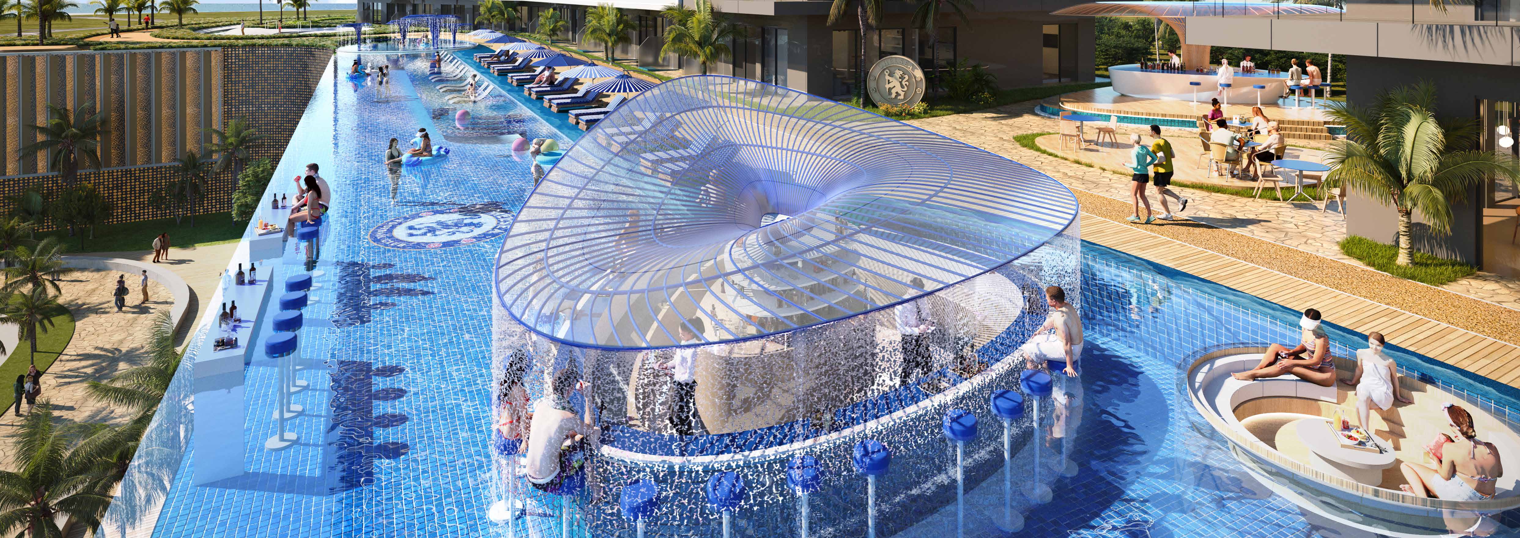 Pool bar under a curved canopy with swim-up stools and sunken seating