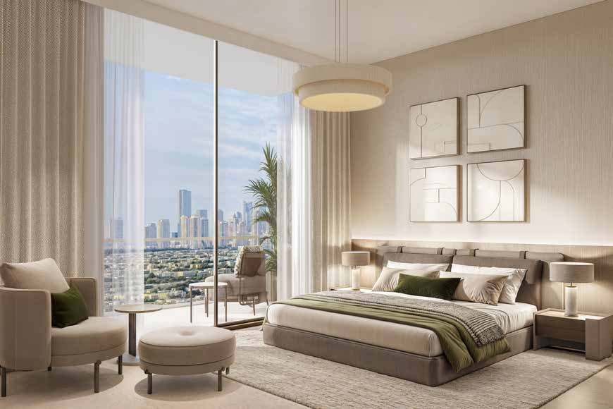 Living and dining space with sofa, terrace doors and skyline view