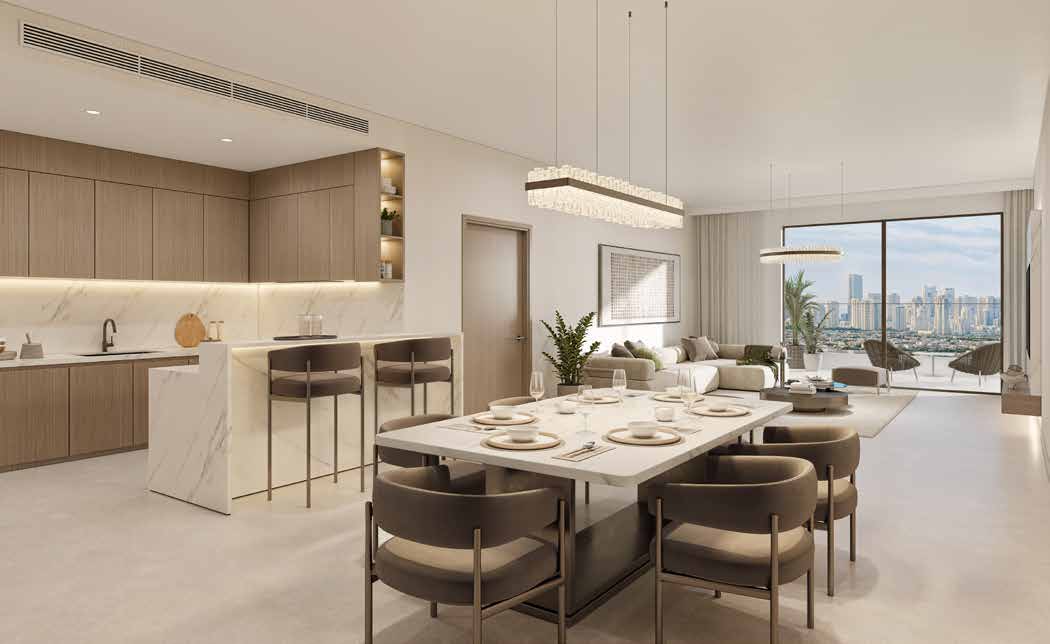 Two-bedroom dining and living area with wide windows onto a terrace