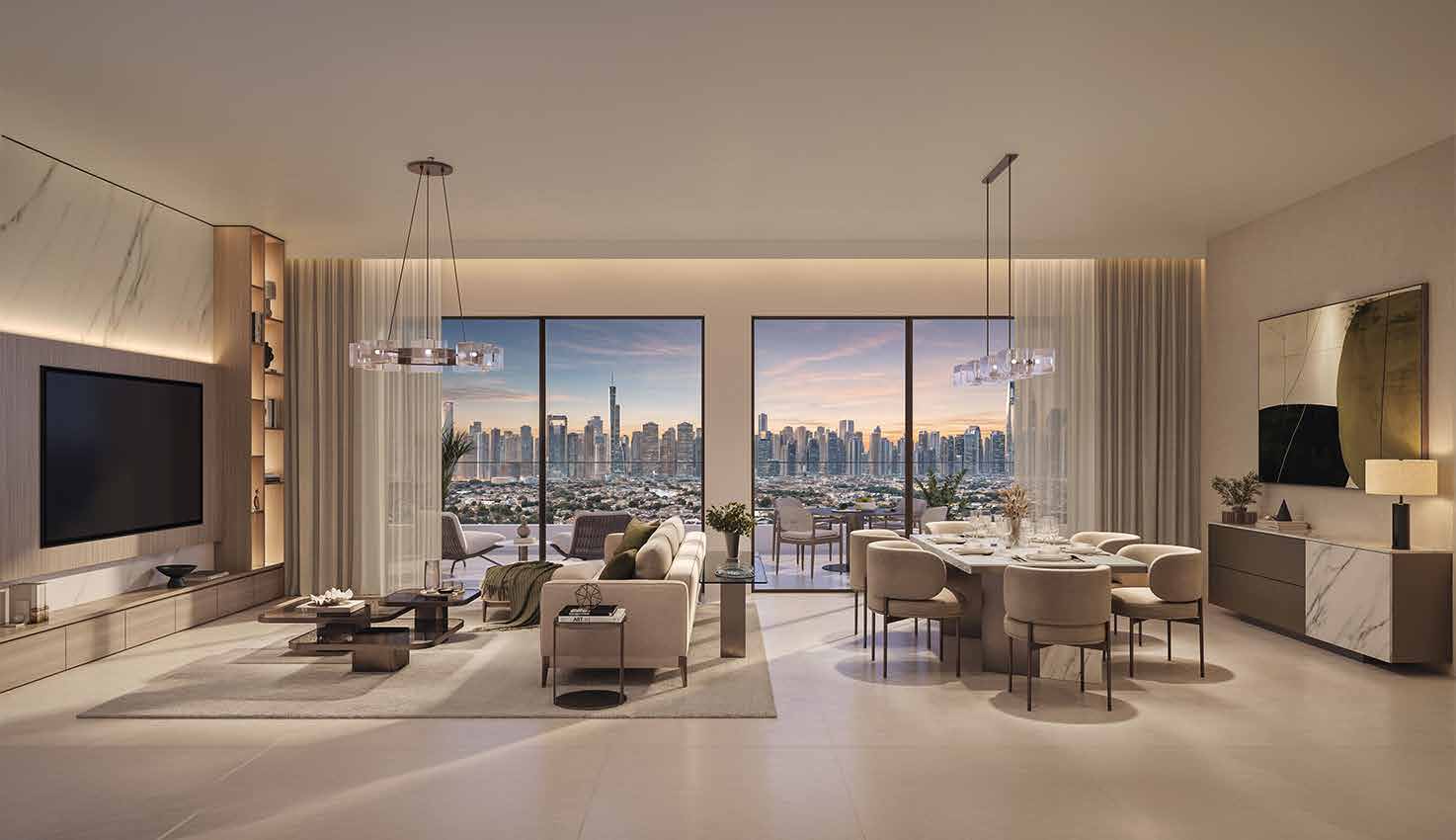 Living room at dusk with sofa, dining table and city skyline beyond