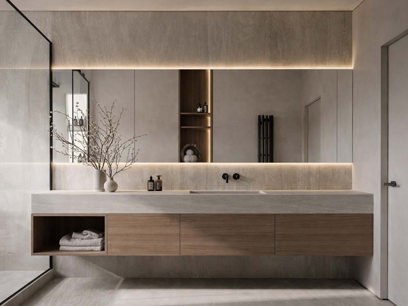 A bathroom with a floating stone vanity