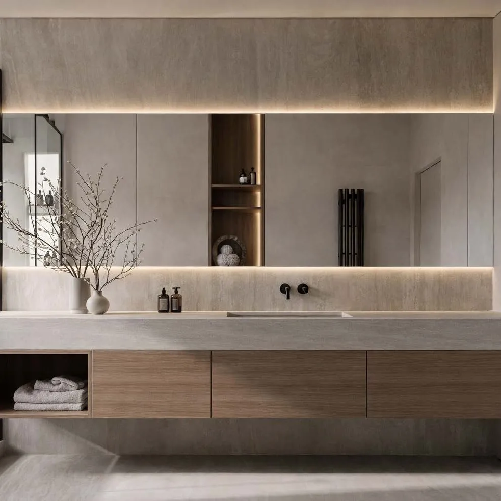 A bathroom with a floating stone vanity