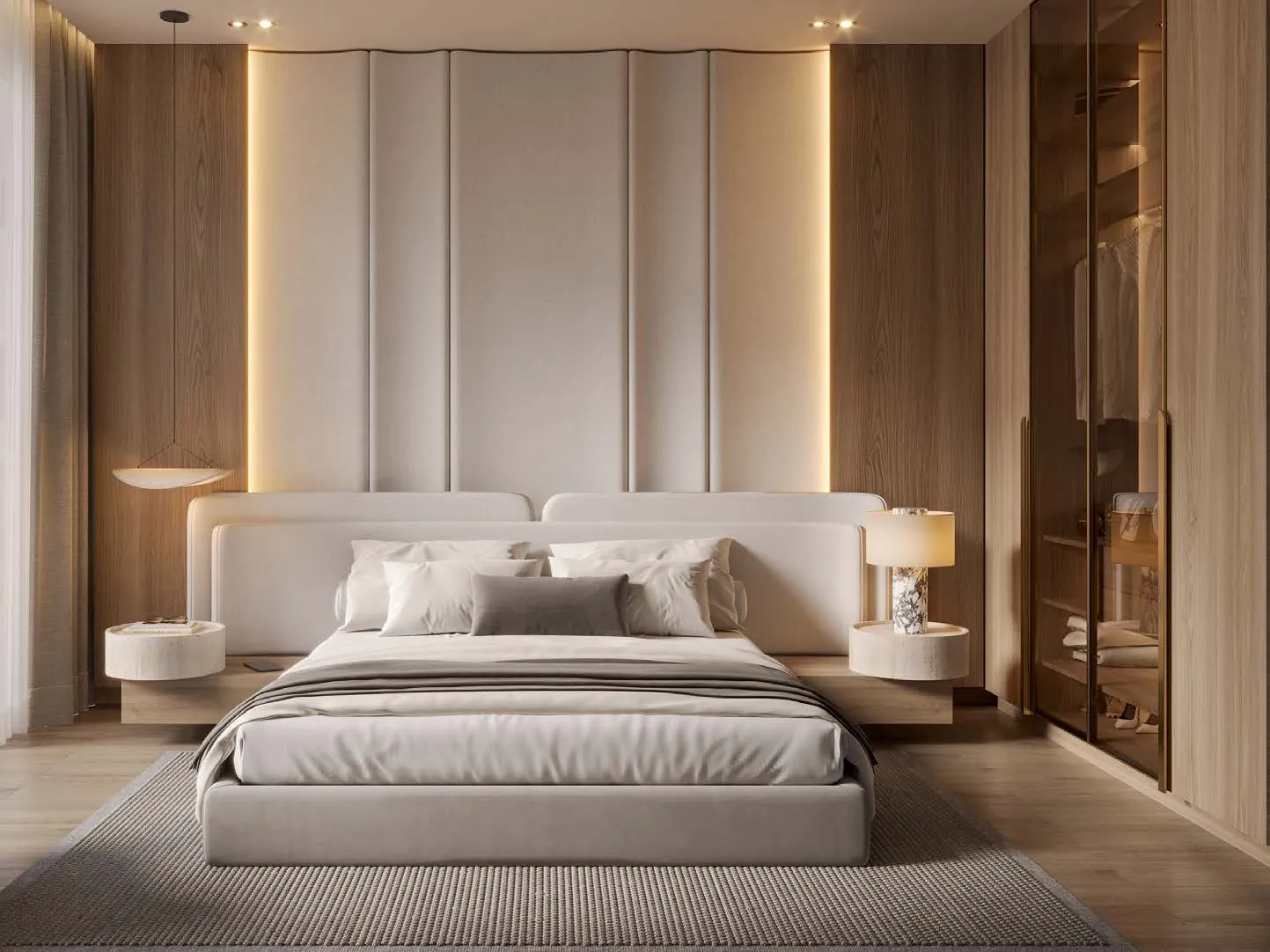 A bedroom with wood panelling and integrated wardrobes