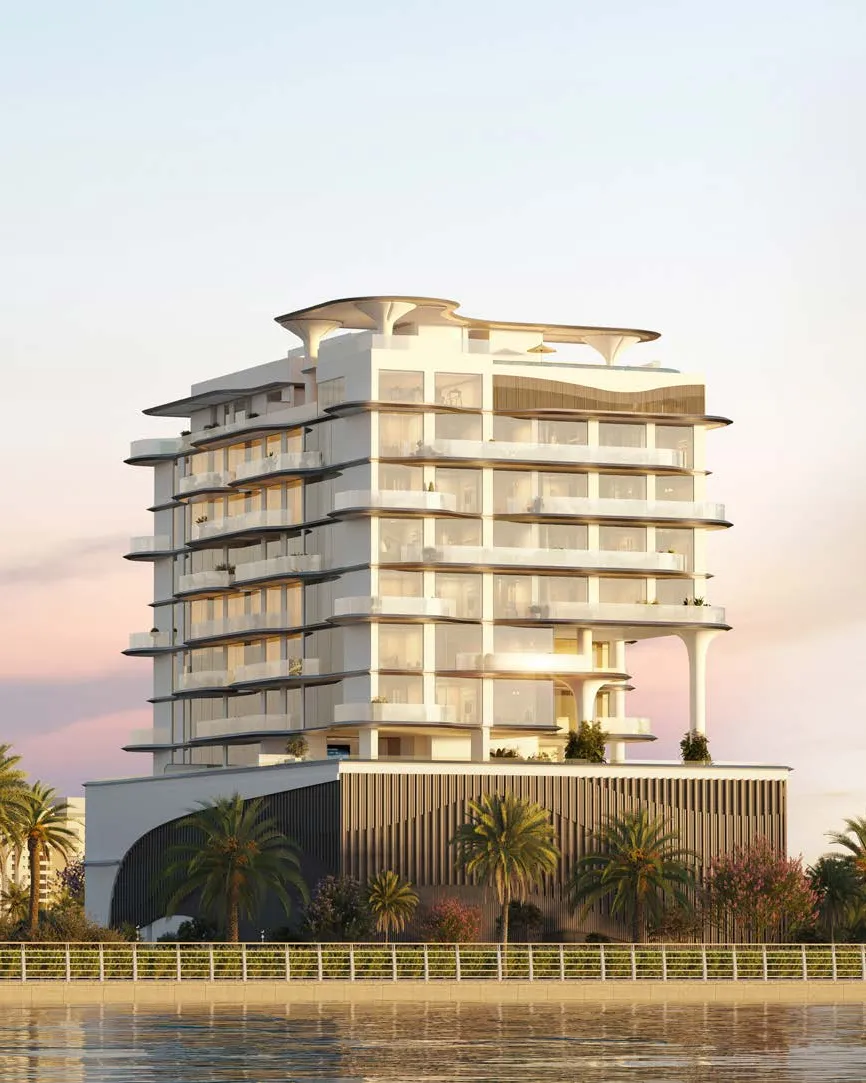 Maravéa Residences from the water at sunset