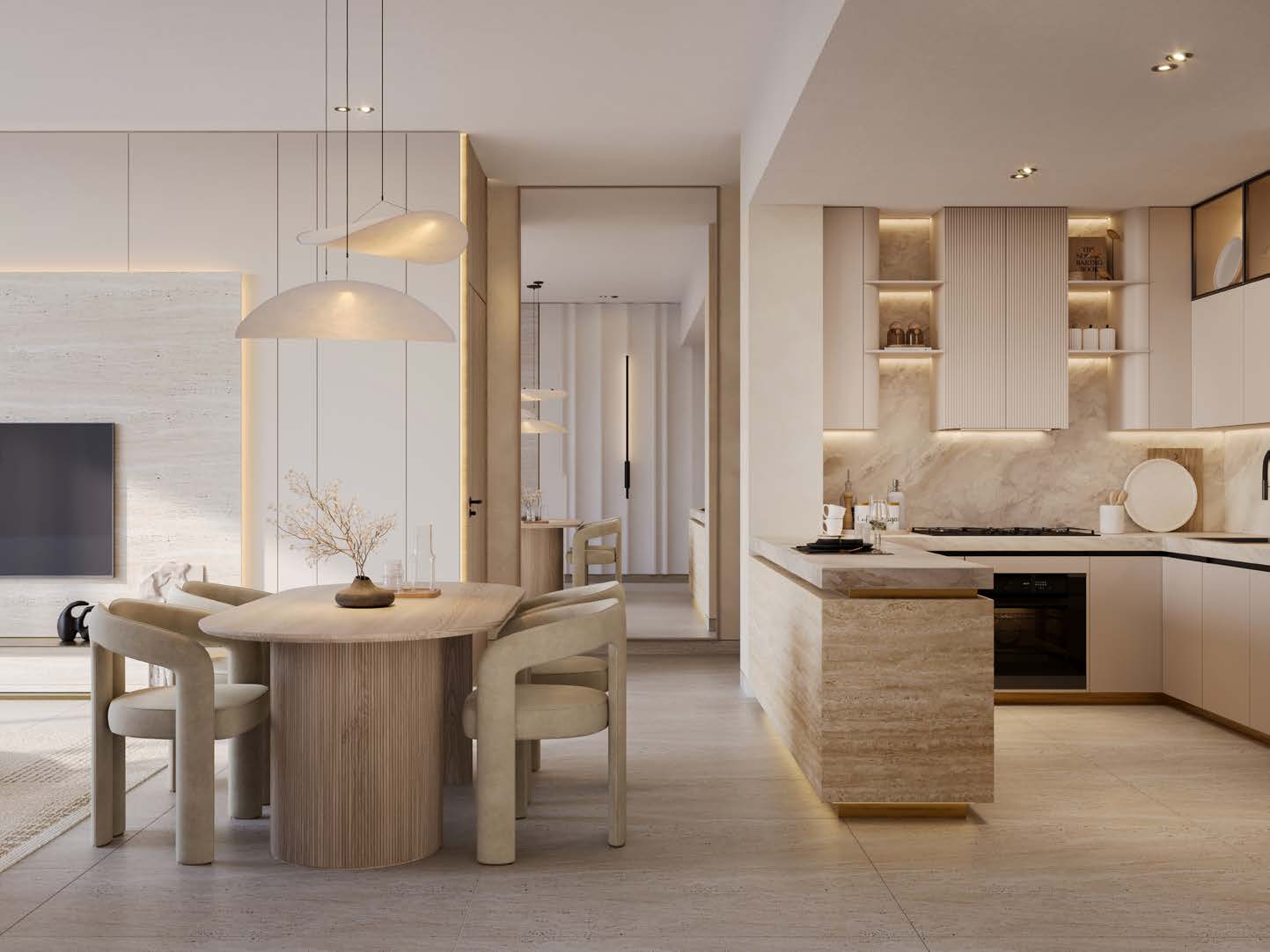 A fitted kitchen and dining table