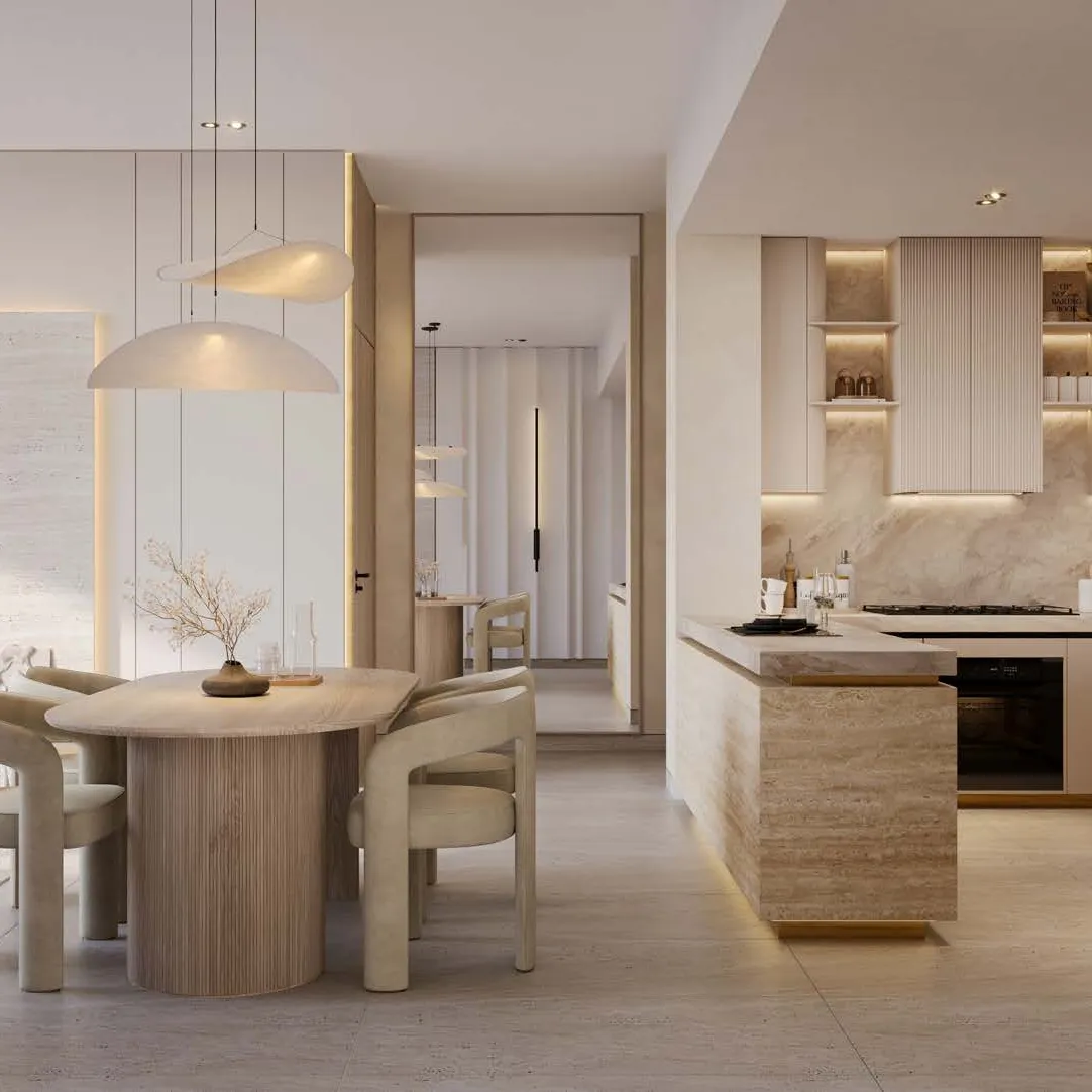 A fitted kitchen and dining table