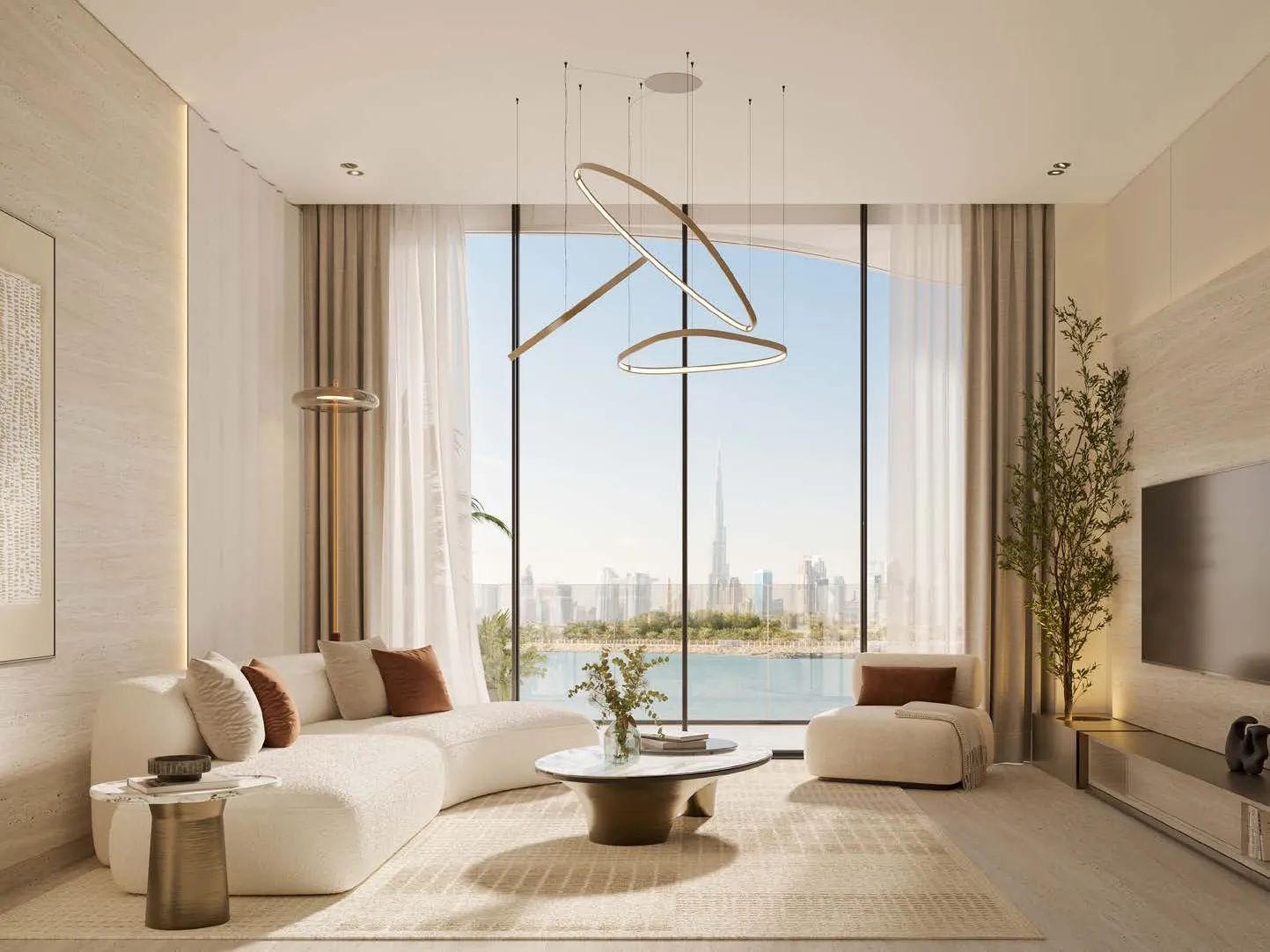An open-plan living room with floor-to-ceiling windows