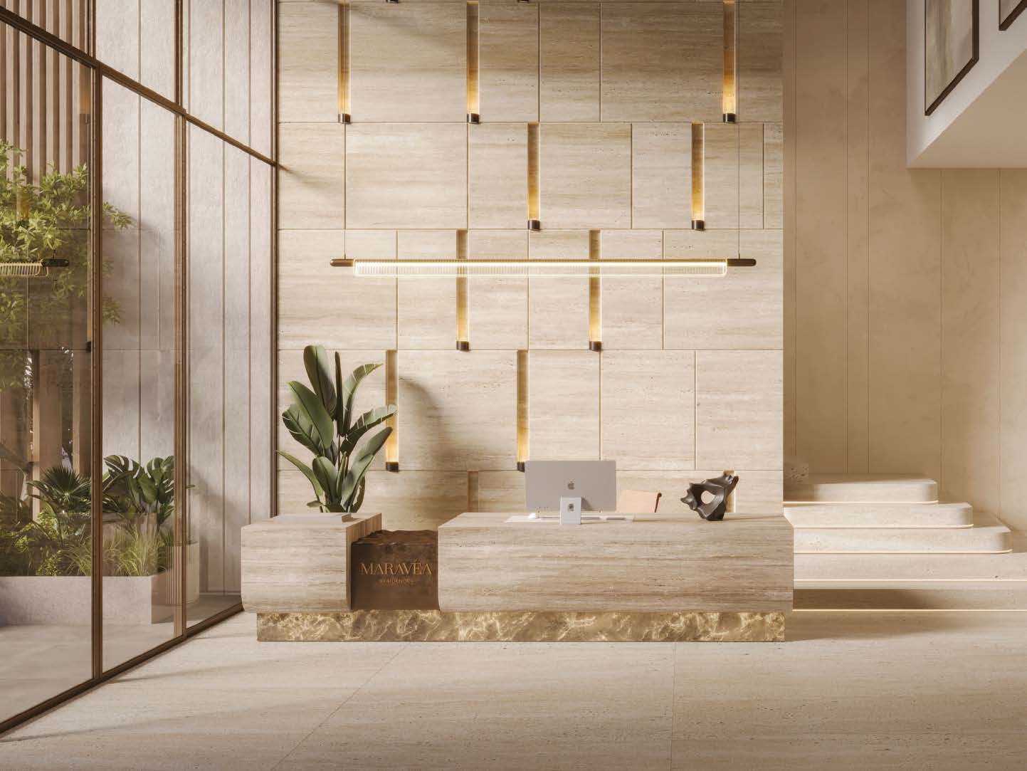 The double-height lobby in stone and warm wood